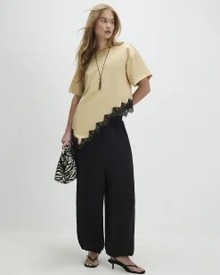Beige Asymmetric Lace Satin T-Shirt