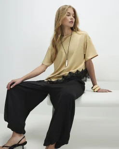 Beige Asymmetric Lace Satin T-Shirt