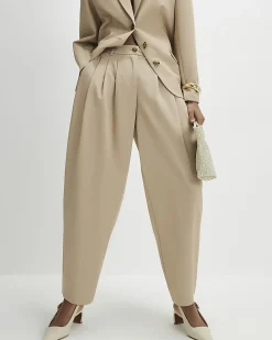 Beige Barrel Leg Tailored Trousers