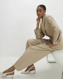Beige Barrel Leg Tailored Trousers
