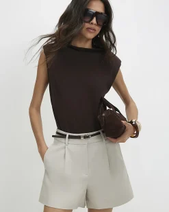 Beige Belted Tailored Shorts