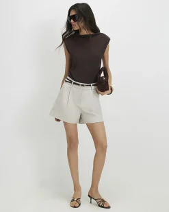Beige Belted Tailored Shorts