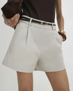 Beige Belted Tailored Shorts