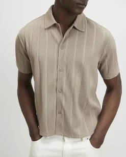 Beige Boxy Fit Ribbed Shirt