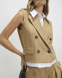 Beige Boxy Pinstripe Hybrid Waistcoat