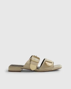 Beige Buckled Flat Sandals