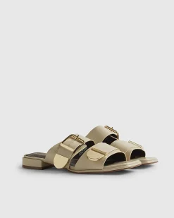 Beige Buckled Flat Sandals