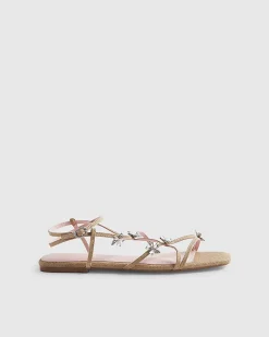 Beige Caged Flower Flat Sandals
