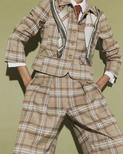 Beige Check Pleated Wide Leg Trousers
