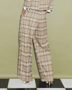 Beige Check Pleated Wide Leg Trousers