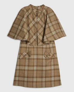 Beige Checked Cape Detail Mini Dress