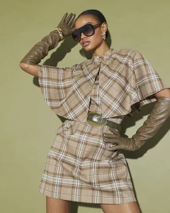 Beige Checked Cape Detail Mini Dress
