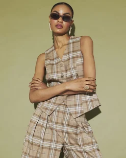 Beige Checked Cinched Waist Waistcoat