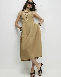 Beige Cotton Blend Cocoon Midi Dress