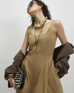 Beige Cotton Blend Cocoon Midi Dress