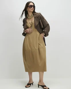 Beige Cotton Blend Cocoon Midi Dress
