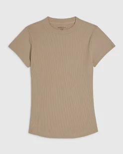 Beige Cotton Blend Fitted Rib T-Shirt