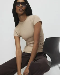 Beige Cotton Blend Fitted Rib T-Shirt