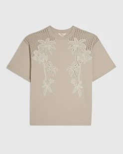 Beige Cotton Blend Palm Broderie T-shirt