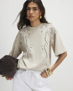 Beige Cotton Blend Palm Broderie T-shirt
