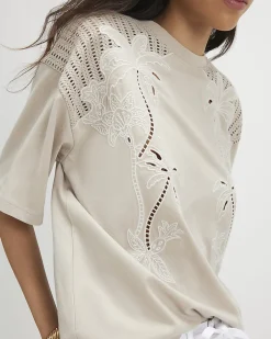 Beige Cotton Blend Palm Broderie T-shirt