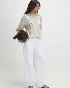 Beige Cotton Blend Palm Broderie T-shirt