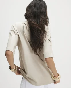 Beige Cotton Blend Palm Broderie T-shirt