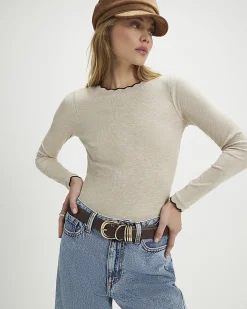 Beige Cotton Blend Scallop Trim Top