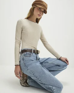 Beige Cotton Blend Scallop Trim Top
