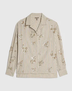Beige Cotton Blend Striped Embellished Shirt