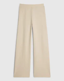 Beige Cotton Blend Textured Wide Leg Trousers