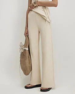 Beige Cotton Blend Textured Wide Leg Trousers