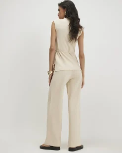 Beige Cotton Blend Textured Wide Leg Trousers