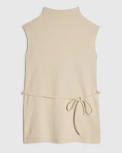 Beige Cotton Blend Textured Tie Belt Top