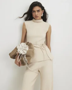Beige Cotton Blend Textured Tie Belt Top