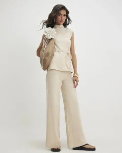 Beige Cotton Blend Textured Tie Belt Top