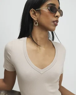 Beige Cotton Blend V Neck T-Shirt