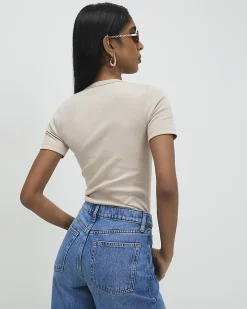 Beige Cotton Blend V Neck T-Shirt