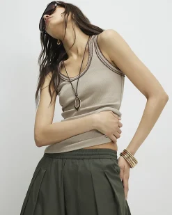 Beige Cotton Blend Whipstitch Tank Top