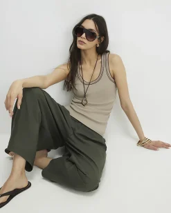 Beige Cotton Blend Whipstitch Tank Top