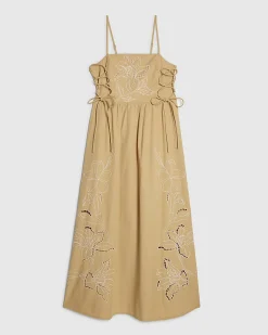 Beige Cotton Broderie Tie Side Midi Dress