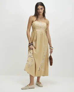 Beige Cotton Broderie Tie Side Midi Dress