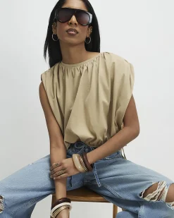 Beige Cotton Bubble Hem T-Shirt