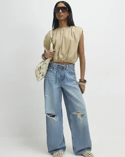 Beige Cotton Bubble Hem T-Shirt
