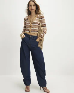 Beige Cotton Crochet Knit Striped Cardigan