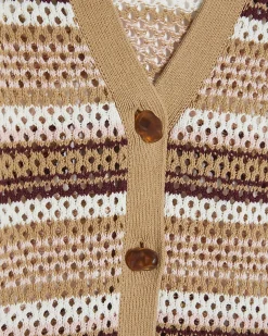 Beige Cotton Crochet Knit Striped Cardigan