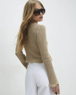 Beige Cotton Crochet Knitted Cardigan
