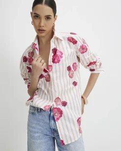Beige Cotton Floral Striped Long Sleeve Shirt