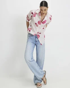 Beige Cotton Floral Striped Long Sleeve Shirt