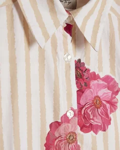 Beige Cotton Floral Striped Long Sleeve Shirt